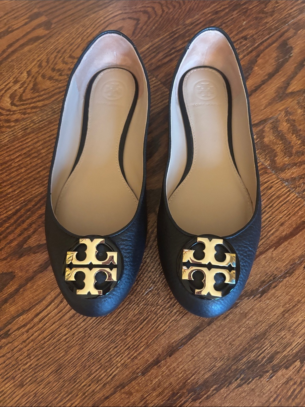 Tory Burch Black Leather Ballet Flats with Gold Logo Plaque